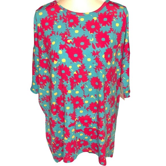 LuLaRoe RETIRED Irma Women's Large Teal & Pink Flowers mid-length sleeves NWT - Picture 2 of 10